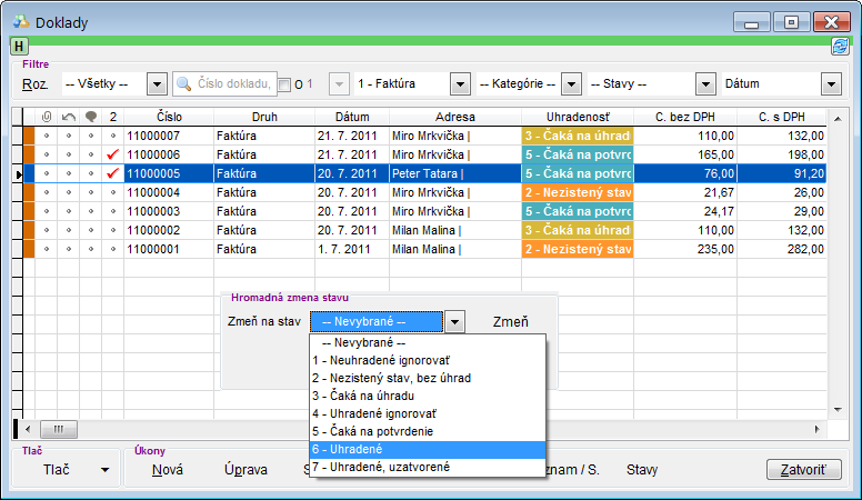 Finančn&eacute; doklady - ručn&aacute; hromadn&aacute; zmena stavu uhradenosti
